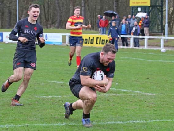 Calvin Henderson scores a try for Biggar in the comfortable 64-17 success at West of Scotland on Saturday (Pic by Nigel Pacey)