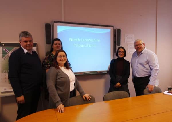 Launching the North Lanarkshire Tribunal Representation Unit are Bellshill CAB manager Steven Rees, welfare rights officer Rosemary McGowan, information and coordinating officer Klyar Campbell, Airdrie CAB manager Aaliya Seyal, and Cumbernauld and Kilsyth CAB manager Stewart Mahon
