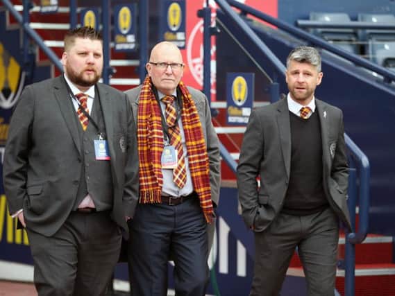 Motherwell FC chief executive Alan Burrows (left) at William Hill Scottish Cup semi-final with chairman Jim McMahon (centre) and manager Stephen Robinson (Pic by Ian McFadyen)