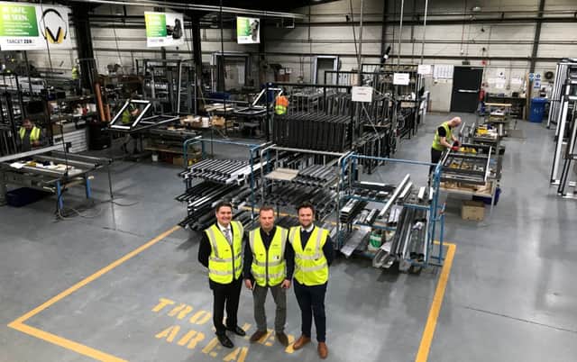 Inside the CMS Window Systems manufacturing facility at Castlecary: L to R David Ritchie (Chief Operating Officer at CMS Window Systems), Alister Patrick (Aluminium Factory Manager) and Stephen Anderson (Aluminium Contracts Director).