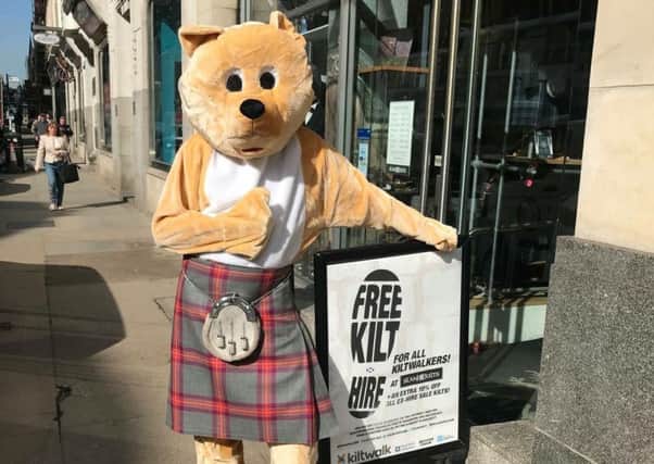 Slanj the bear...will be donning Home-Start tartan, along with the charity's ambassador Kaye Adams, to take part in their first ever Glasgow Kiltwalk. The tartan was designed by Bearsden businessman Brian Halley, who runs Slanj Kilt Hire.
