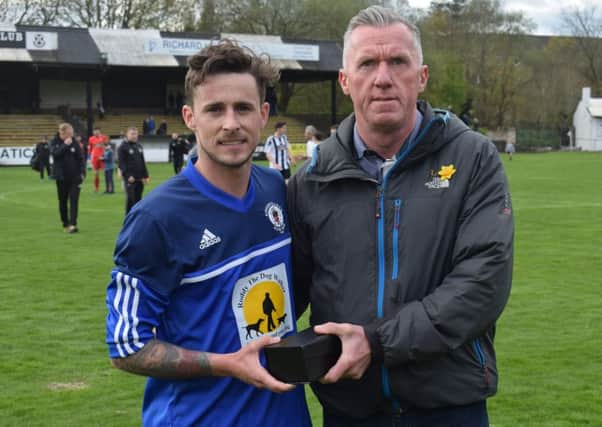 Sponsor Dougie McLachlan presented the Supporters man of the Match trophy, kindly donated by Roddy the Dog Walker, at the end of the game to Kevin Watt.