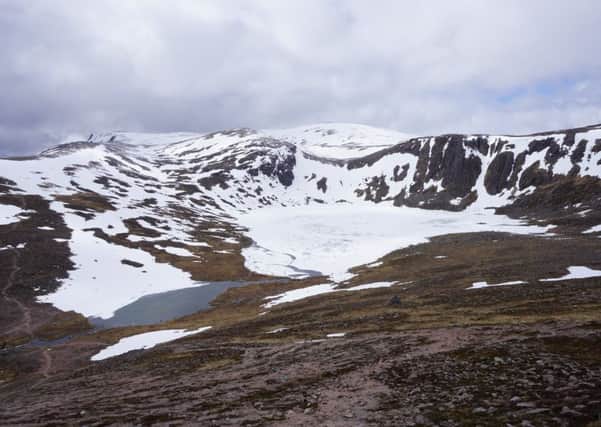 Loch Etchachan and Ben MacDui in the heart of the Cairngorms  still under snow and ice at the beginning of May.