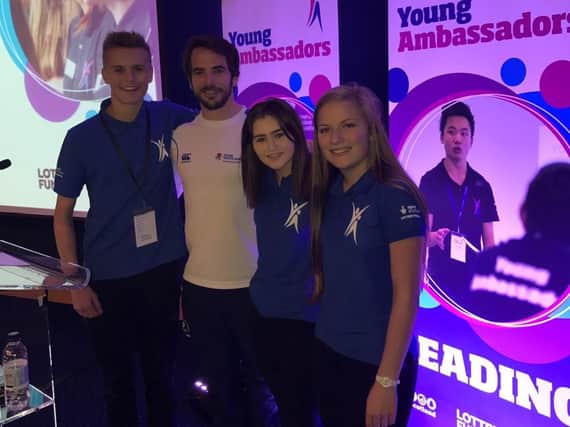 Lauren Bond (1st right) is pictured with fellow Young Ambassadors and former Scotland international rugby player Colin Gregor (second left), who captained the Scotland 7s team during the Glasgow 2014 Commonwealth Games (Submitted pic)