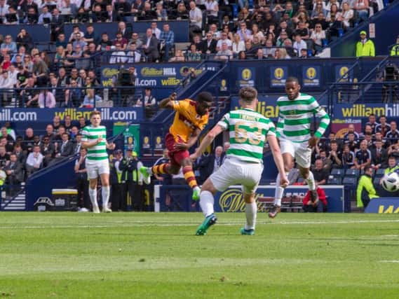 The closest Motherwell came to a goal in final was this Bigirimana free-kick which came back off the crossbar (Pic by Ian McFadyen)