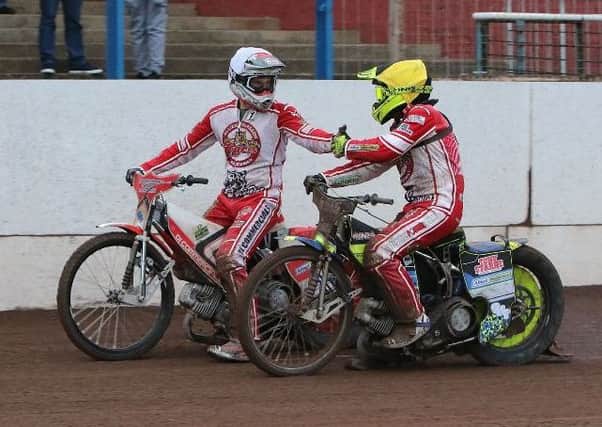 Glasgow Tigers riders Richie Worrall and Paul Starke in action at Workington (Pic courtesy of Ian Adam).
