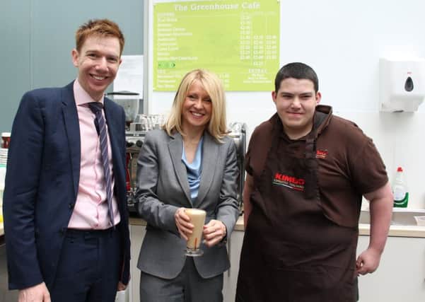 Paul Masterton and Esther McVey with one of the employees of the Greenhouse Cafe.