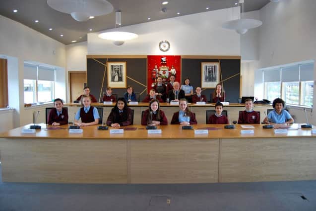 Balmuildy Primary School pupils in the Council Chambers.