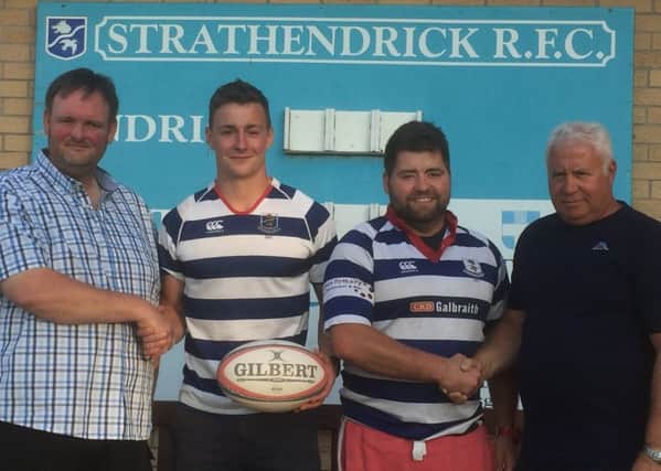 Strathendrick Rugby Club's new coaching team. Left to right are: 
Grant Sweenie, new Club Coach, Angus North, 1st XV Captain, Connor Gibson, 1st XV vice Captain and Les Wilson, new Assistant Coach