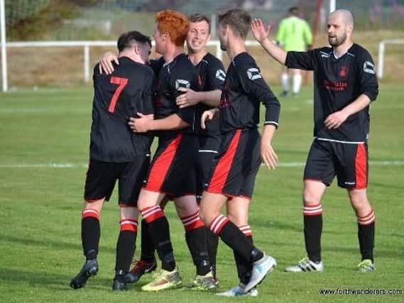 Forth Wanderers players celebrate the winning goal (Pics by Elaine Robertson)