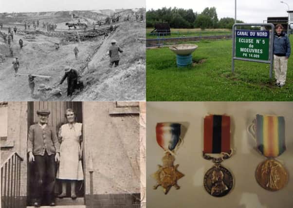 (Clockwise from top left) Canadian engineers bridging the dry bed of the Canal du Nord, Janice Clark near the spot where her great-grandfather displayed such gallantry, James Clarks medals which are on display at the regimental museum, and James Clark with his wife Elizabeth