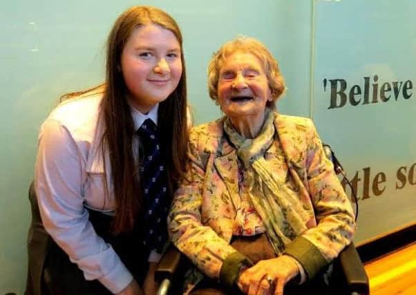 Flo with her namesake, pupil Flora Ritchie at the 100th anniversary of  her schools reunion tea party two years ago