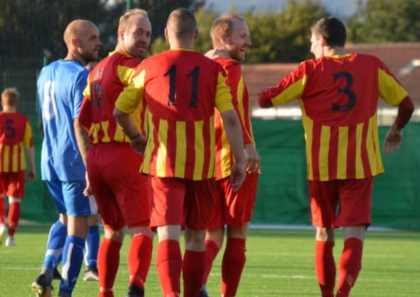 Rossvale celebrate a goal during their wn over Kilsyth Rangers (pic by Helen Templeton/@dibsy_)