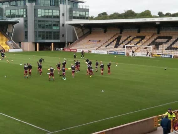 Motherwell warming up at Livingston (Pic by Craig Goldthorp)