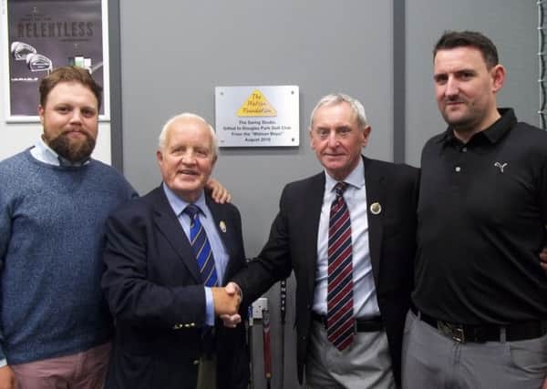 Angus Watson and dad John Watson OBE of The Watson Foundation with Douglas Park captain George Roberts and professional Robert Irvine.