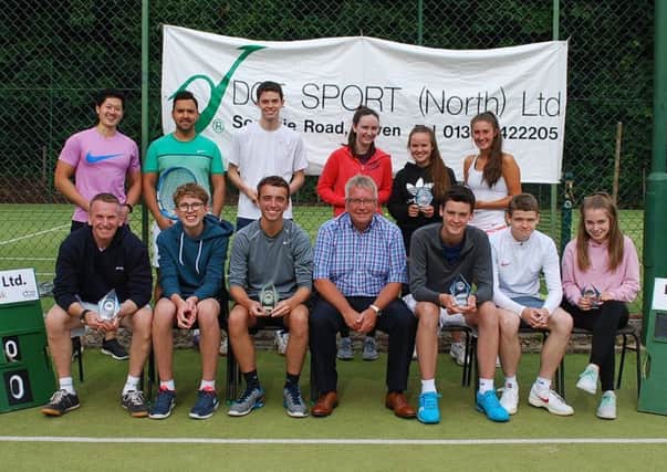 Prize winners at Bearsden Tennis Clubs Doe Sport Summer Series Tournament with sponsor Les MacLean of Doe Sport.
