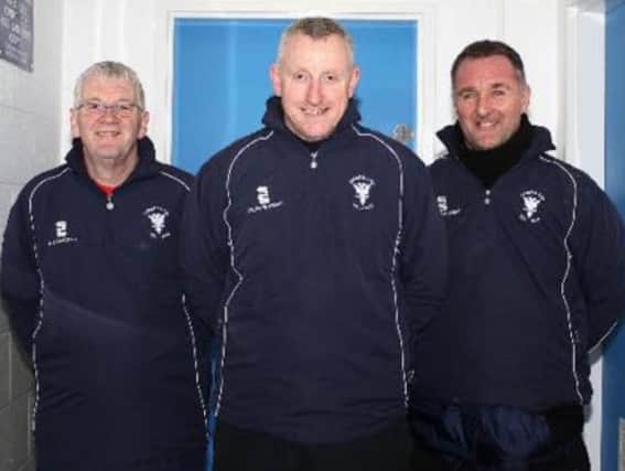 Lanark United manager Colin Slater (centre) with assistant gaffer Spike McNeish (right) and club first aider Craig Martin (Submitted pic)