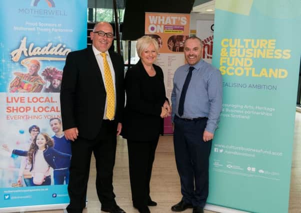 Spillers production director Bev Berridge (left) and Motherwell Theatre and Concert Hall venue manager Craig Smart with Motherwell Shopping Centre manager Geraldine ElMasrour, which is sponsoring this years pantomime Aladdin