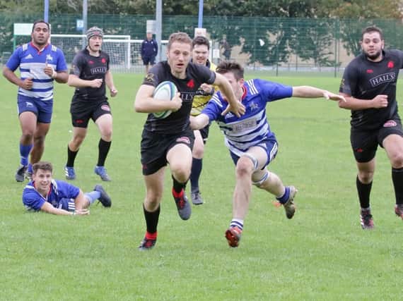 Ross Bradford scores a try for Biggar Rugby Club against Howe of Fife on Saturday (Pic by Nigel Pacey)