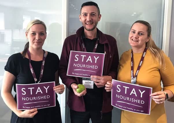 Pictured from left, Angelica Fraser, Joe Mullaney, and Megan Doris of Home Instead in Milngavie, who have launched a Stay Nourished campaign to encourage older people to eat healthily.