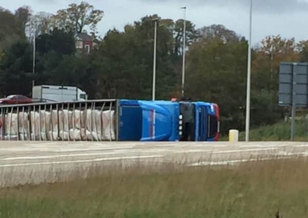 The overturned lorry at the Raith Interchange. Pic: Stewart Miller