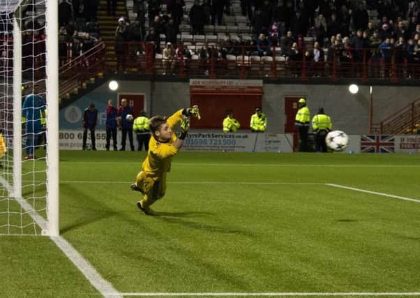 Cumbernauld teenager Ross Connelly saves a penalty to help Hamilton Accies beat FC Basel in the Uefa Elite Youth League (pic courtesy of Dan Wild)