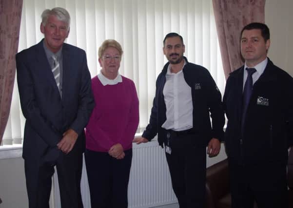 From left:  Housing and Maintenance Services Convener, Councillor Danny Devlin, resident Mrs Margaret Gray, Costa Ieropoulous, Citytech and Gary Dunkley, Citytech