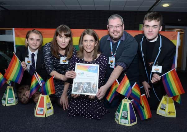 Celebrating the award are (l-r) Cumbernauld Academy pupil Alyssa Young, LGBT Youth Scotlands Cara Spence, NLC education support officer Elinor Steel, LGBT Youth Scotlands Graeme Lea-Ross and Cumbernauld Academy Jordan Burns