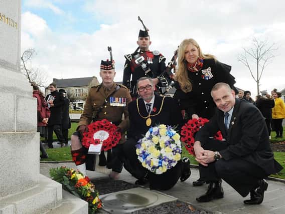 At the Caldwell tribute; Piper Cpl.Joe Davies, Capt. Gerry McQuade, Provost Allan, Lady Haughey and Mr Duncan
