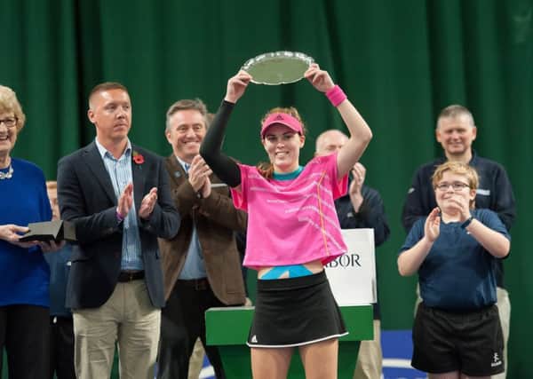 Maia Lumsden with her trophy after winning the ITF tournament in Shrewsbury (pic by Richard Dawson)