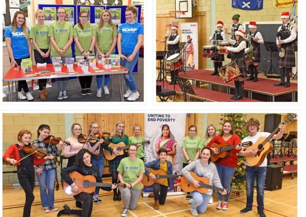 Secondary schools across Cumbernuald, Kilsyth and Chryston gathered together for a Christmas concert in aid of SCIAF. (Clockwide from top left) youngsters promote the work SCIAF does in 27 countries, pipes and drums from Cumbernauld Academy and the samba band from St Maurice's High