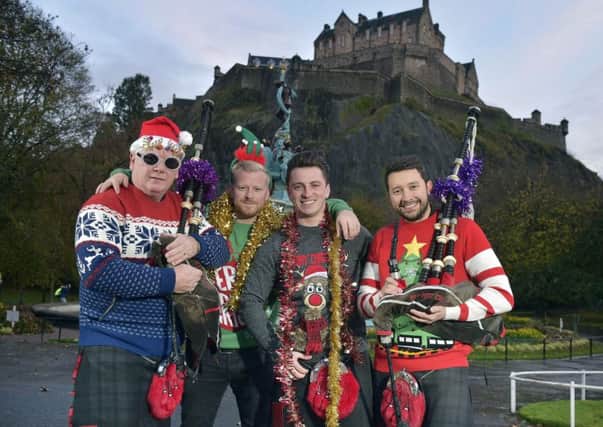 Red hot winter woollies...the Red Hot Chilli Pipers are among the Scottish celebrities who will be joining thousands of people across Scotland tomorrow taking part in Save The Children's annual Christmas Jumper Day.