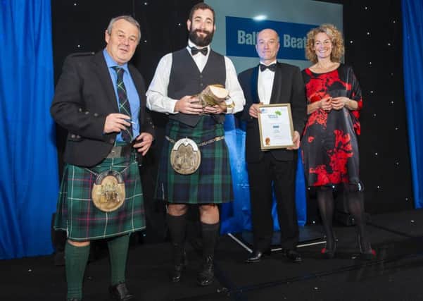 CuanTec founder Ryan Taylor (second, left) receives the award from (l-r) BBC Scotland TV and radio presenter and wildlife expert Euan McIlwraith, Balfour Beatty's head of environment Poul Wend Hansen and TV presenter, writer and naturalist Kate Humble. Pic: Simon Williams Photography Edinburgh
