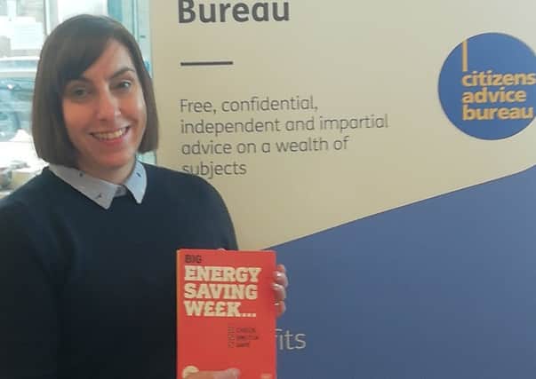 Margaret Sagar from Bellshill CAB visits Tesco to promote Big Energy Savings Week which encourages people to save money on their energy bills