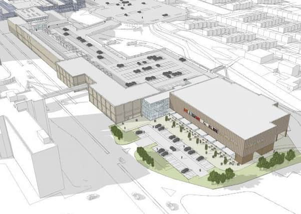 A 3D model of how the new cinema and restaurant development will fit in with the existing Cumbernauld town centre