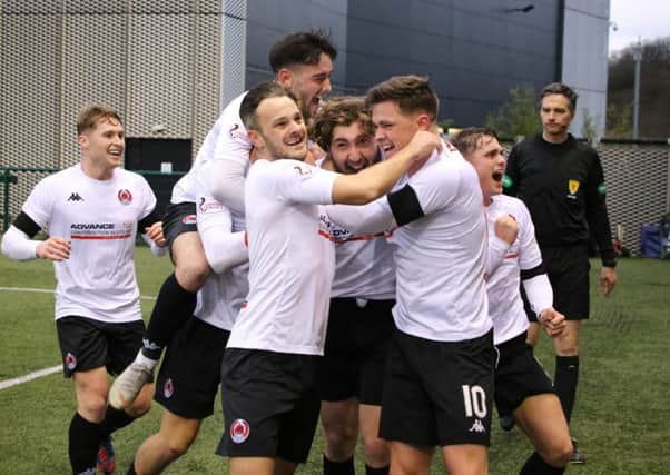 Ray Grant celebrates with his Clyde team-mates after hus winner against Cowdenbeath (pic by Craig Black Photography)