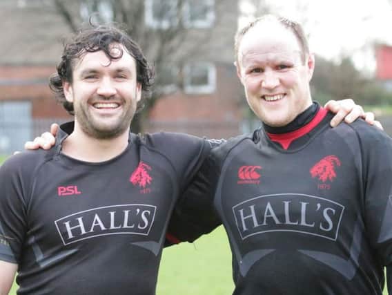 Conor Lavery (left) and Alan Warnock, who both became dads during the week. Each scored tries in the 26-10 Tennents National Division 2 win at Glasgow Accies on Saturday. (Pic by Nigel Pacey)