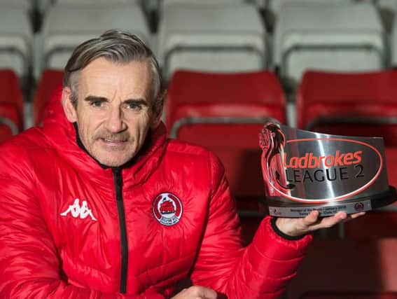 Danny Lennon with his Ladbrokes League Two Manager of the Month award (pic by SNS)