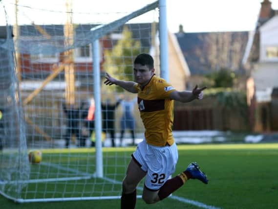 Jake Hastie celebrates heading Motherwell in front against Livingston on Saturday (Pic by Ian McFadyen)