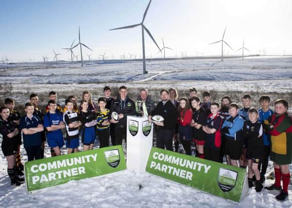 The launch of the Scottish Power Energy Networks Warriors Championship.  Pictured are players from participating schools with  l/r Lee Jones (Glasgow  Warriors player), Frank Mitchell (CEO, SP Energy Networks) and Nathan  Bombrys (Managing Director, Glasgow Warriors). Pic: SNS Group/SRU