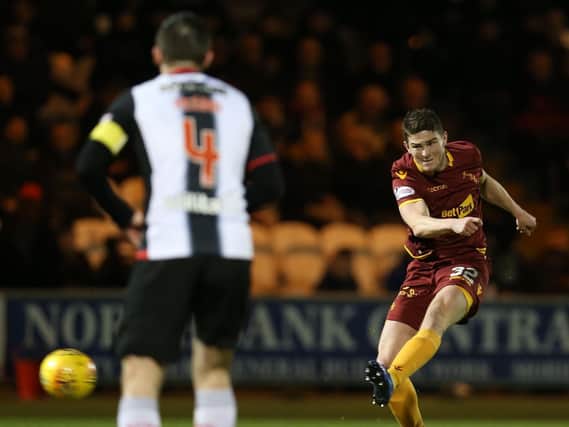 Jake Hastie thumps home Motherwell's opener against St Mirren on Wednesday night (Pic by Ian McFadyen)