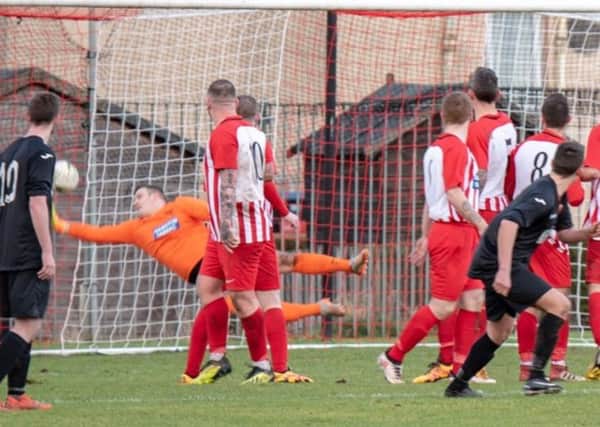 Liam McGonigle's free-kick brings Rossvale to within a goal of Hurlford  (pic by Drew Wilson)