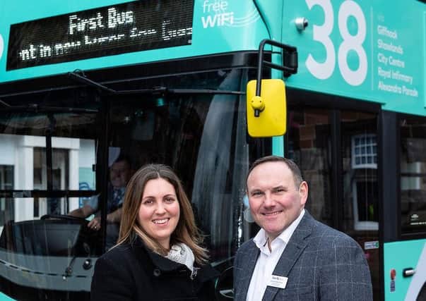 First Bus launch the new 38.

Councillor Anna Richardson and Graeme Macfarlan, Commercial Director for First Glasgow.

 (Photo:
Lenny Warren)