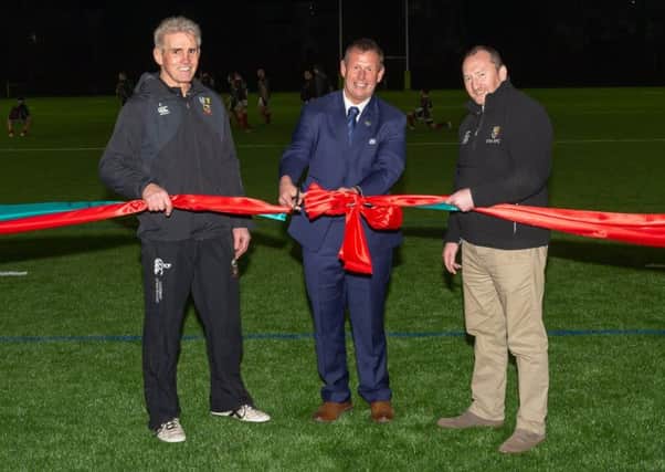 Ian Barr, vice president of the SRU (centre) Kenneth Fairbairn 2XV Coach and JWF sponsor of the pitch (left) and Brian Tracey (president GHA Rugby Club (right).