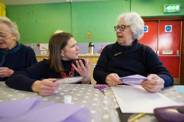 Glasgow, UK. 1 February 2019. Jo Swinson MP attends Ageless Art Mature Makers Class.  Working on a project called 'Winter Wonderland' which is brightening up the Milngavie Main Street, decorating Costa Coffee's front window with a project called 'Storm In a tea Cup' which will showcase the groups collective artistic efforts together in one large artwork.

Agless Art was formed by East Dunbartonshire women Lynsey Hunter and Geraldine Scott with the aim of offering art classes to older people looking to express their artistic side through the use of different mediums and to bring people together and help battle loneliness.