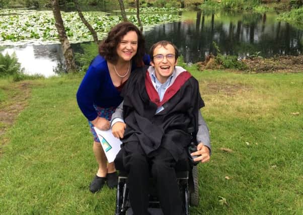 TalkTime Scotland founder Josh Hepple celebrates graduating with a Law degree from  Stirling University with his mum Seonaid