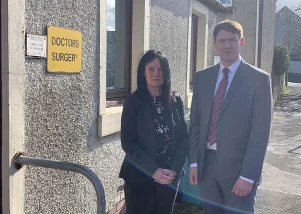 Councillor Gillian Fanning and Mark Griffin MSP outside the GP surgery in the Village