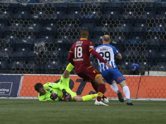 Mark Gillespie makes a low save for Motherwell at Kilmarnock (Pic by Ian McFadyen)
