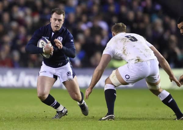 06/02/16. TSPL Shift.  RBS Six Nations Rugby, Calcutta Cup match, Scotland v England, Murrayfield Stadium. Scotland's Stuart Hogg  with England's George Kruis closing in. 

 Picture Ian Rutherford