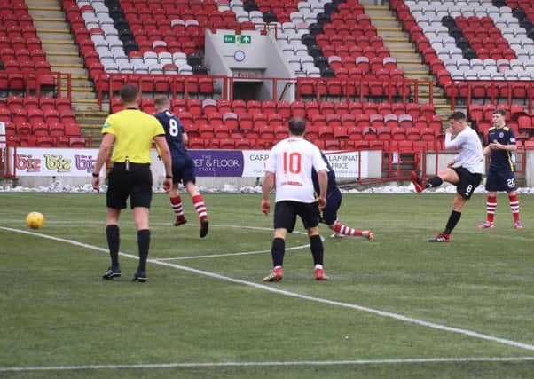 Chris McStay scores Clyde's first goal against Stirling Albion (pic by Craig Black Photography)